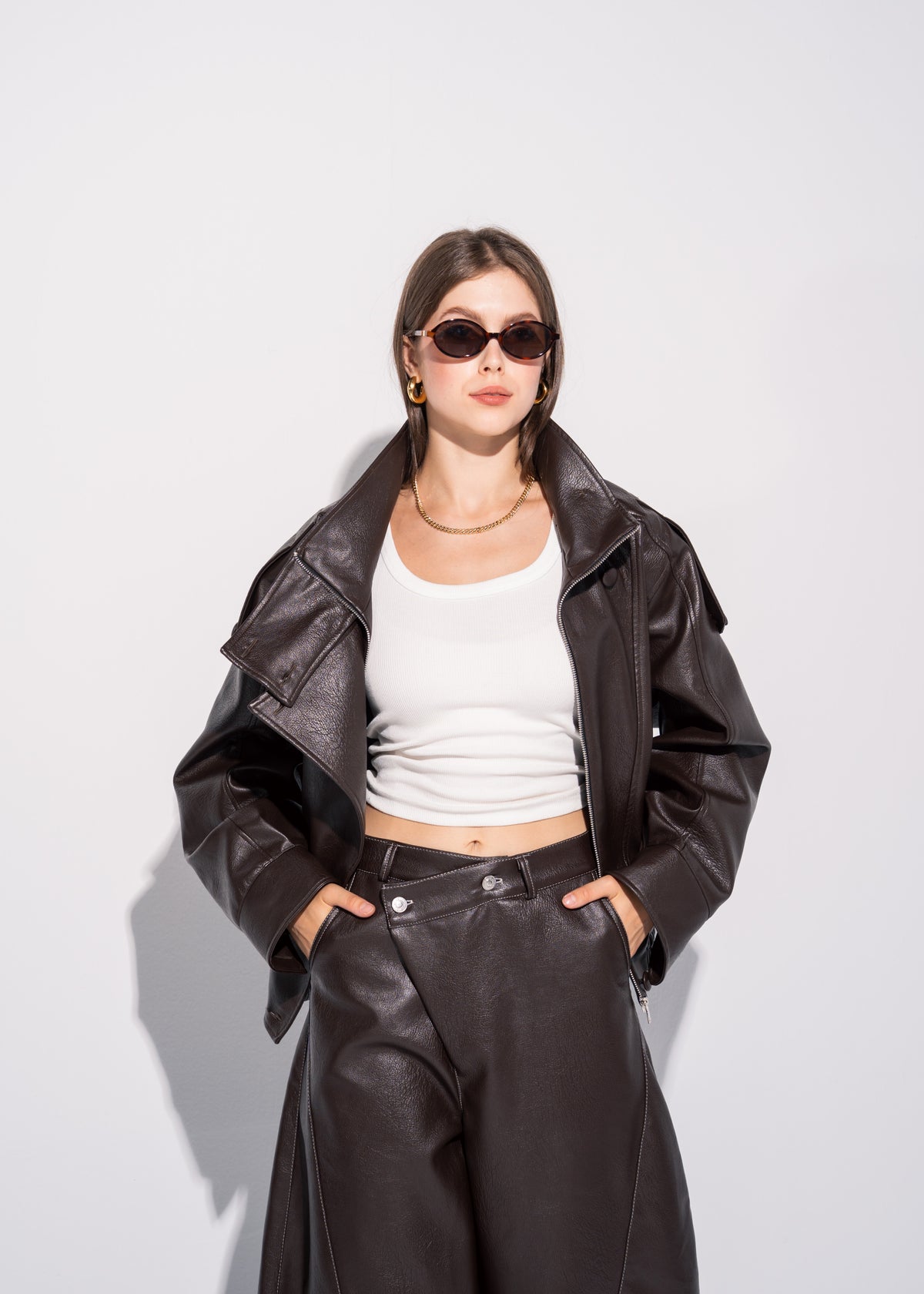 Funnel Neck Leather Effect Jacket