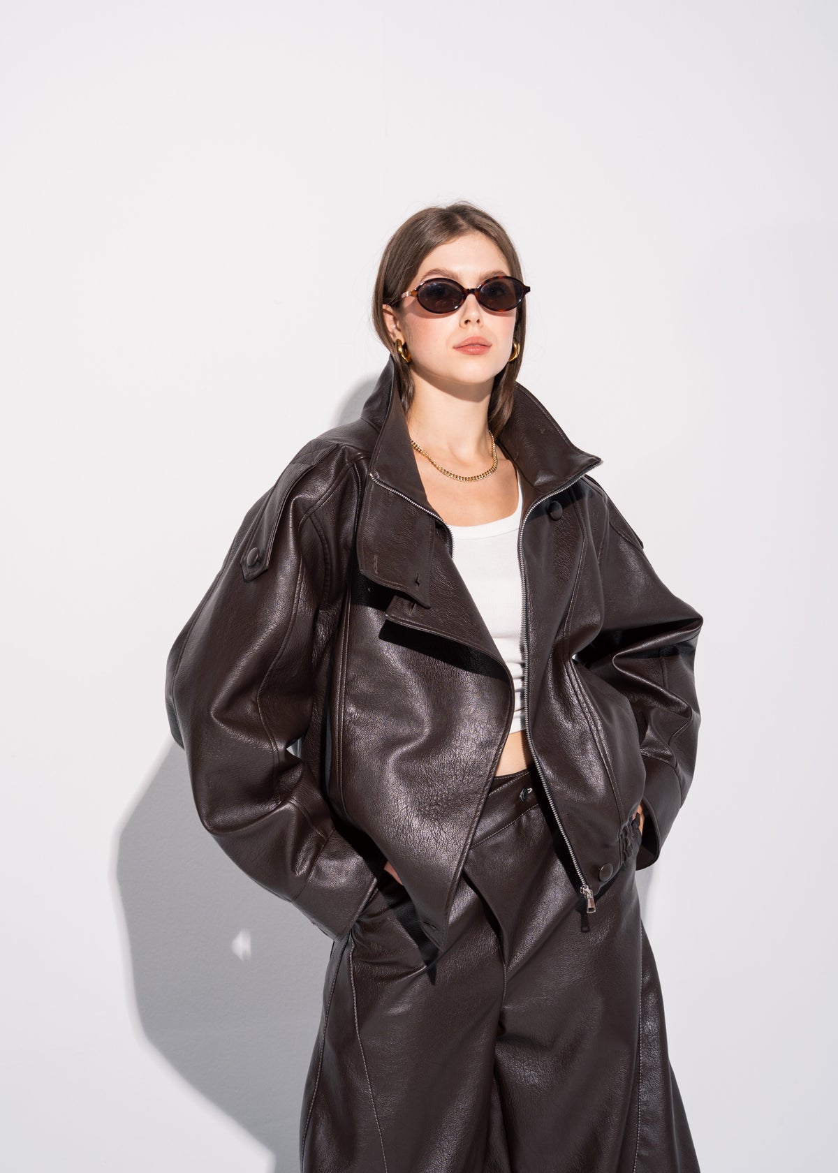 Funnel Neck Leather Effect Jacket