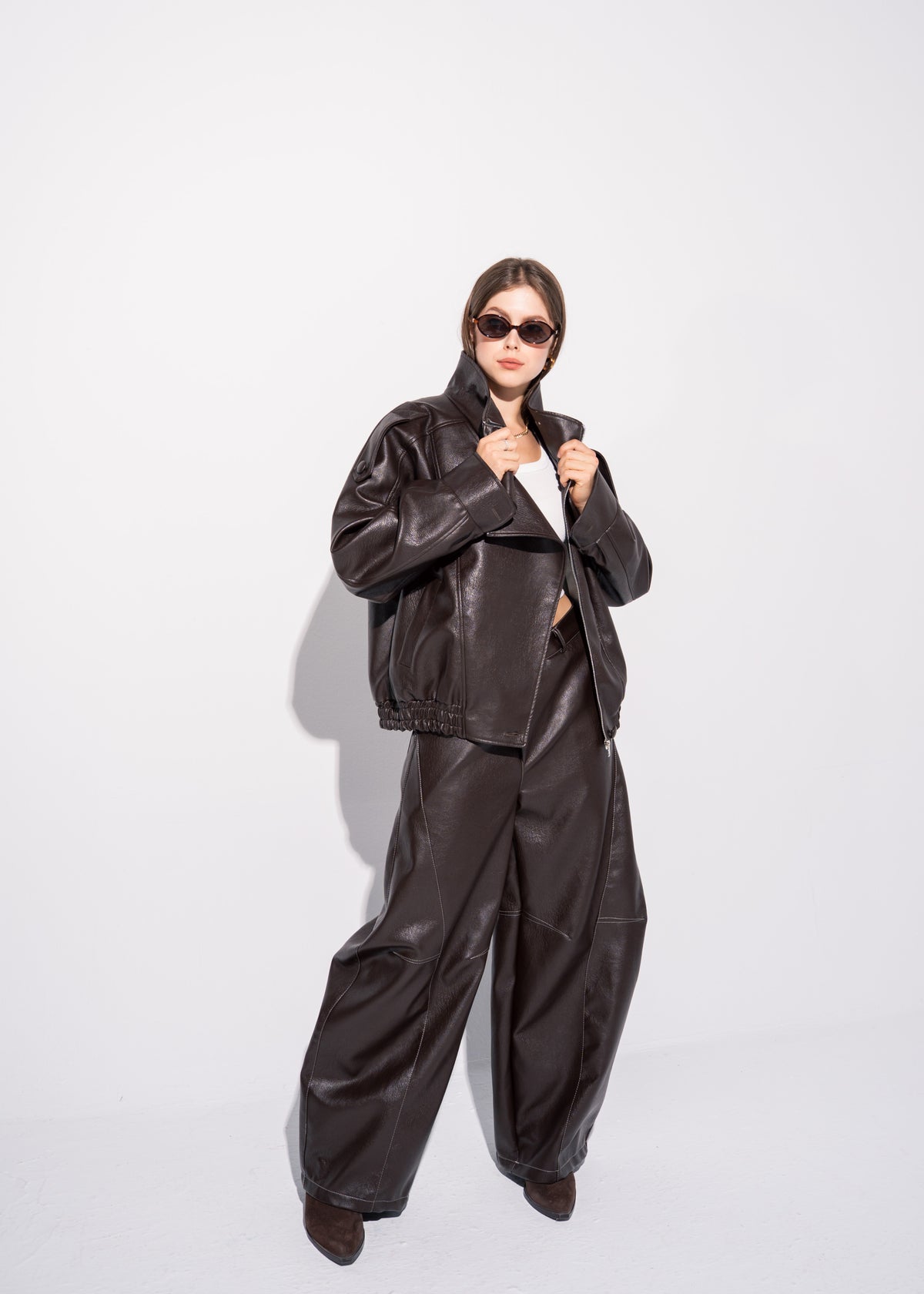 Funnel Neck Leather Effect Jacket