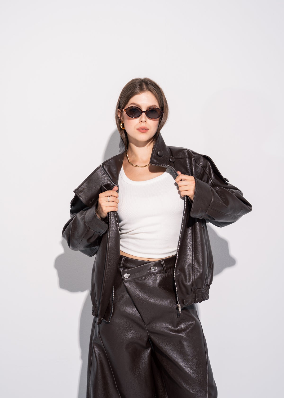 Funnel Neck Leather Effect Jacket