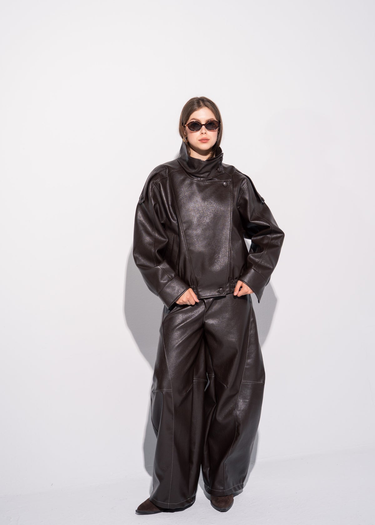 Funnel Neck Leather Effect Jacket