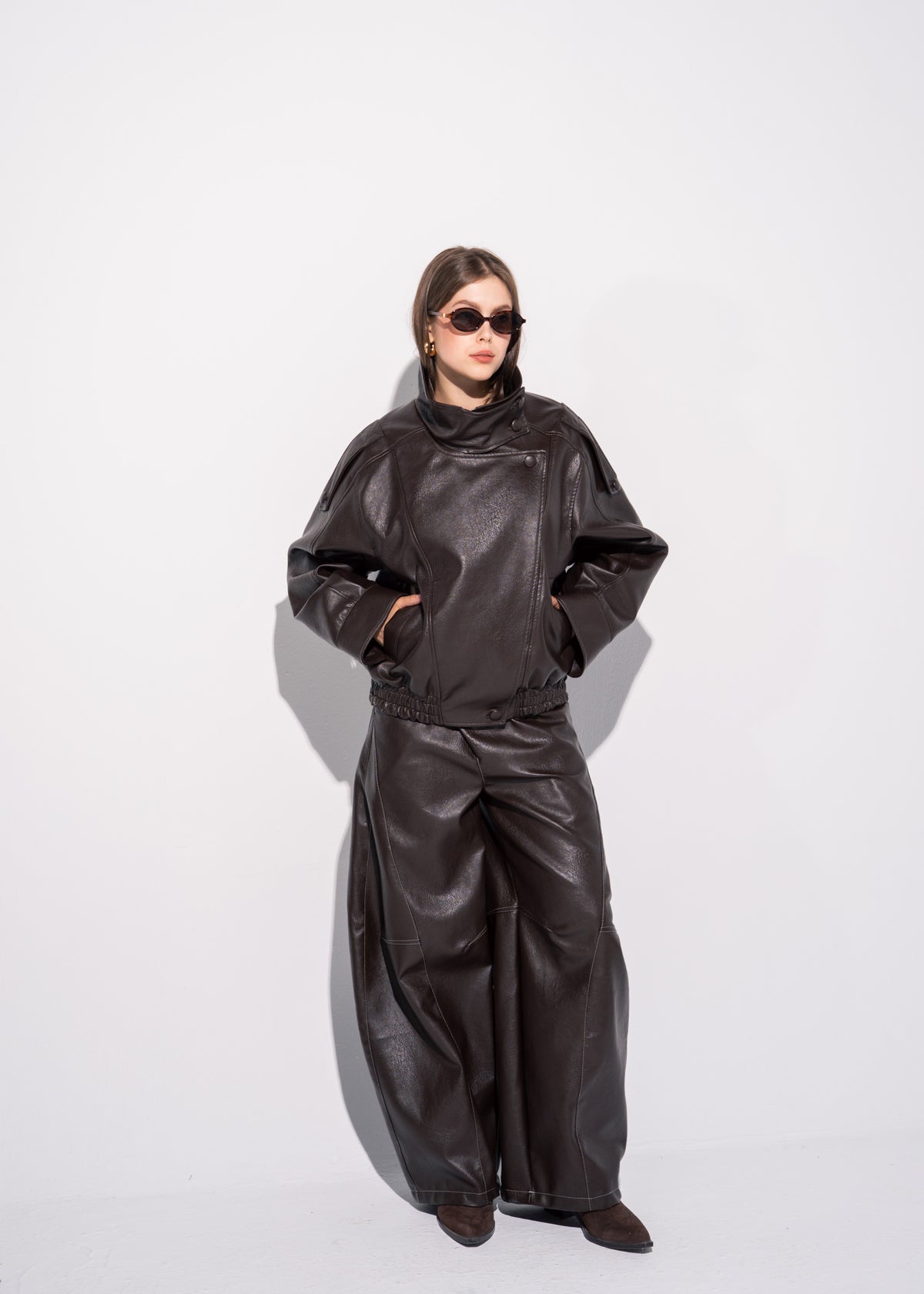 Funnel Neck Leather Effect Jacket