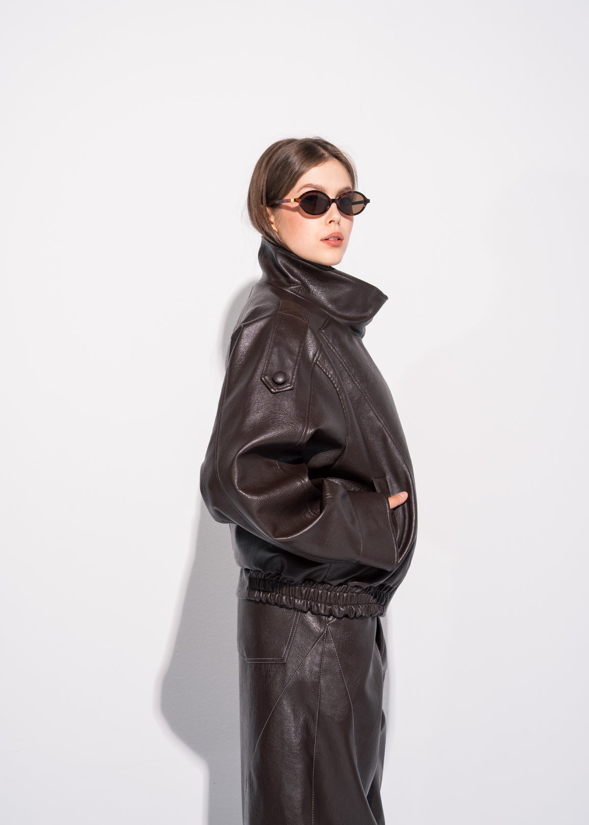 Funnel Neck Leather Effect Jacket