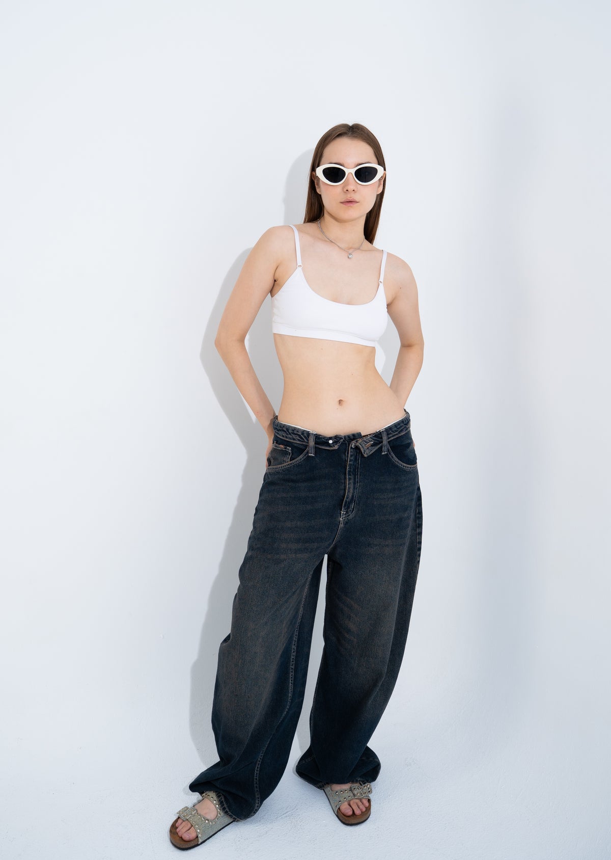 folded waist denim trousers