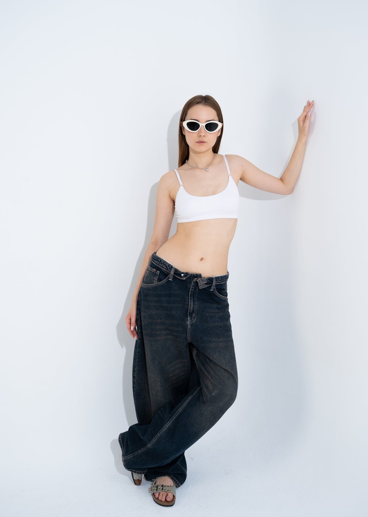 folded waist denim trousers