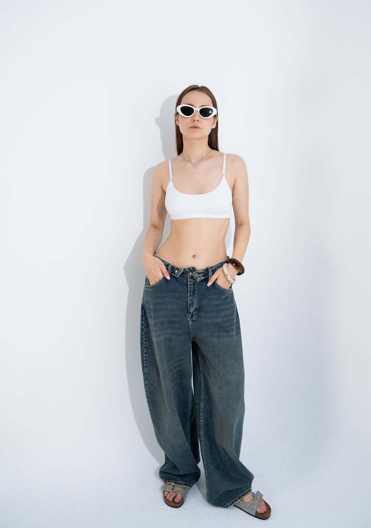 folded waist denim trousers
