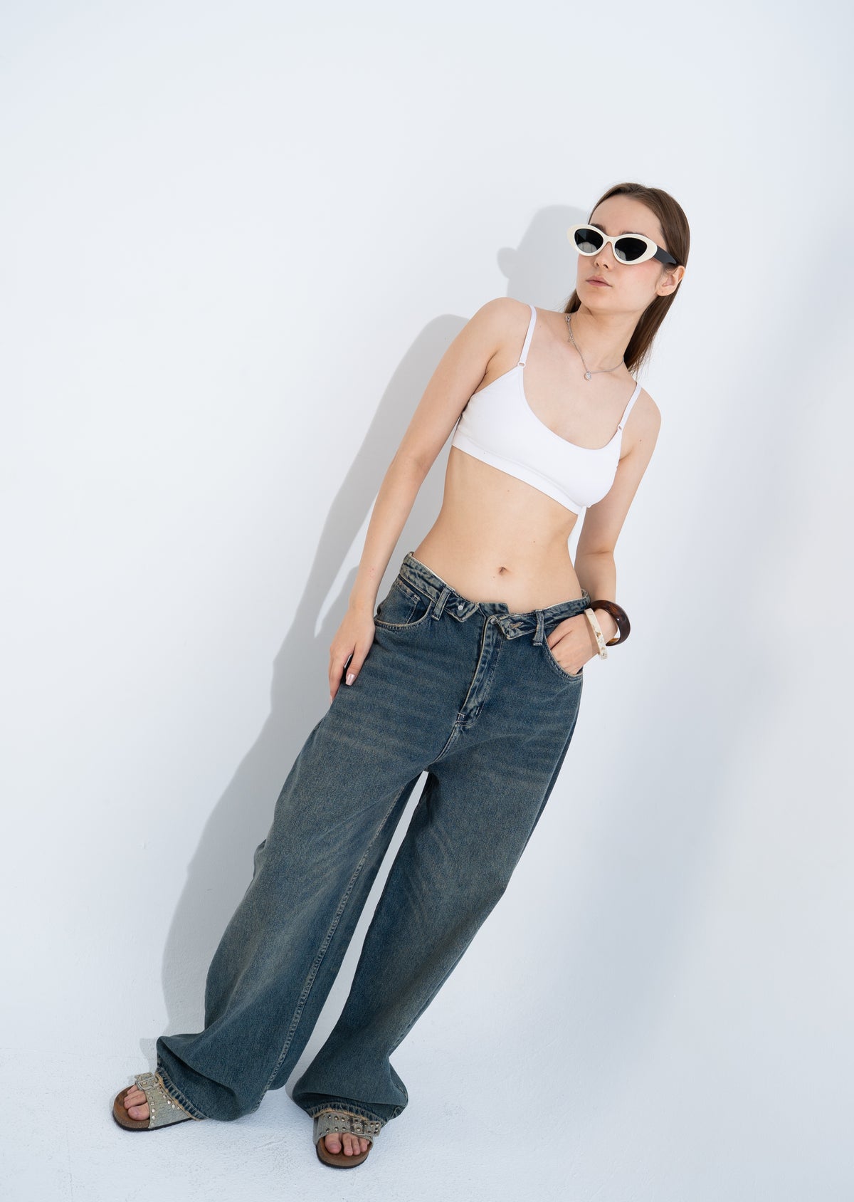 folded waist denim trousers