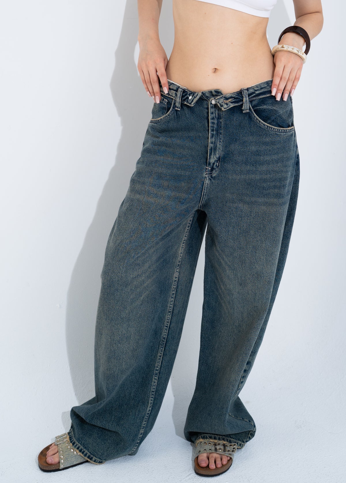 folded waist denim trousers