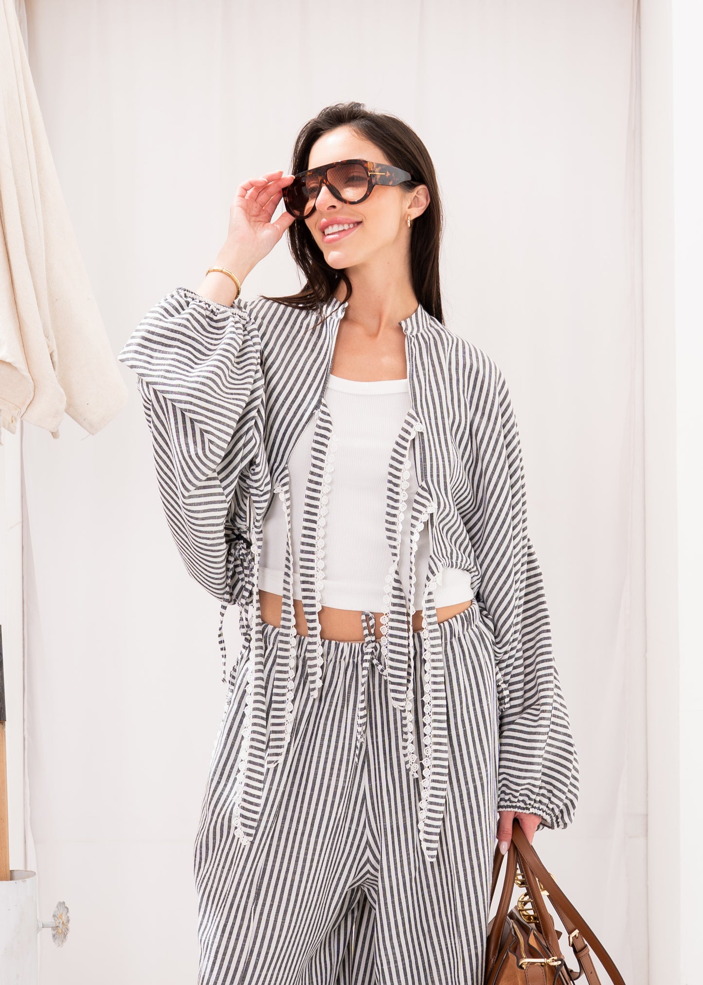 stripe linen set with lace details