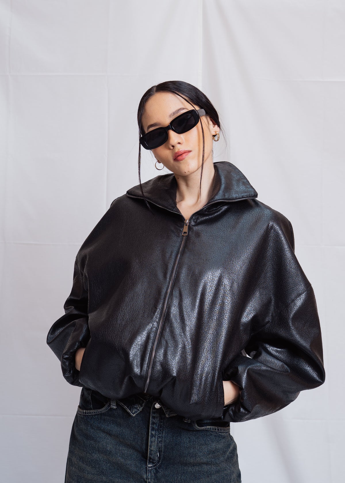 Stand Collar Leather Jacket - Black