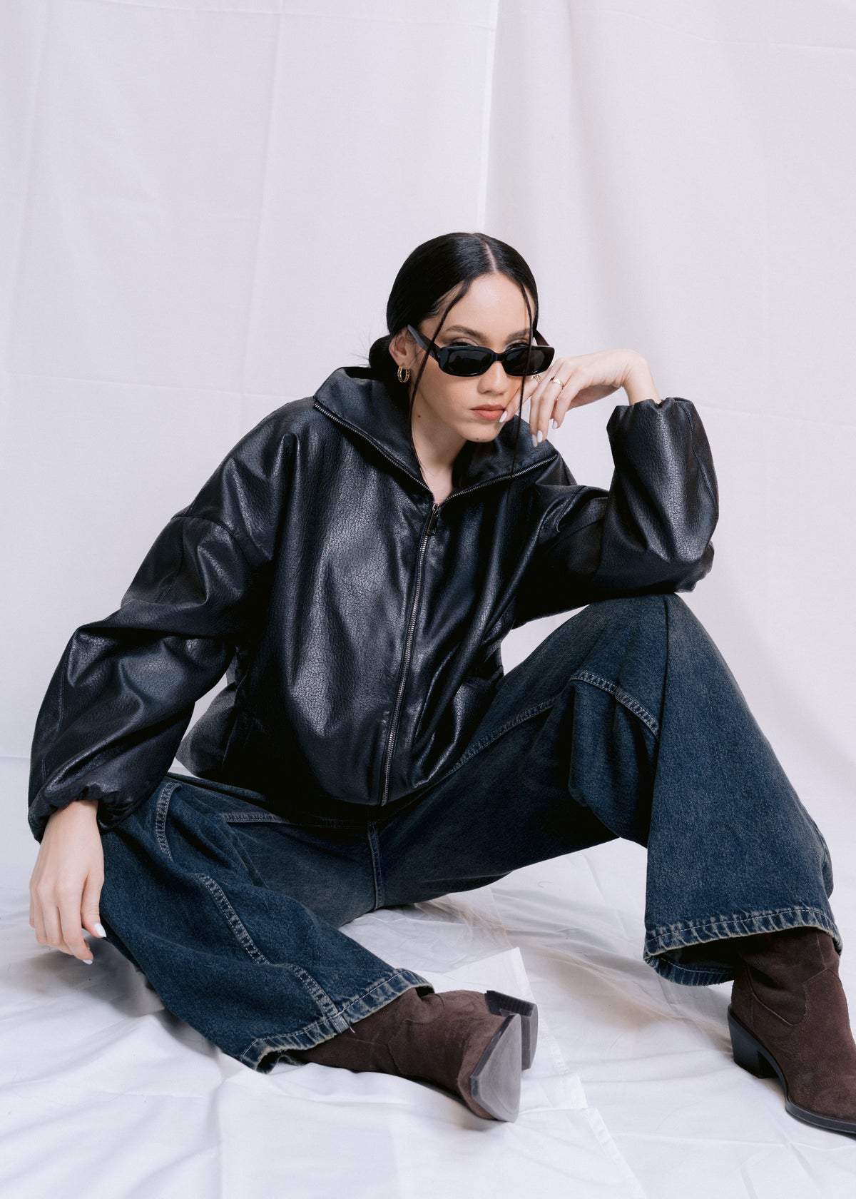 Stand Collar Leather Jacket - Black