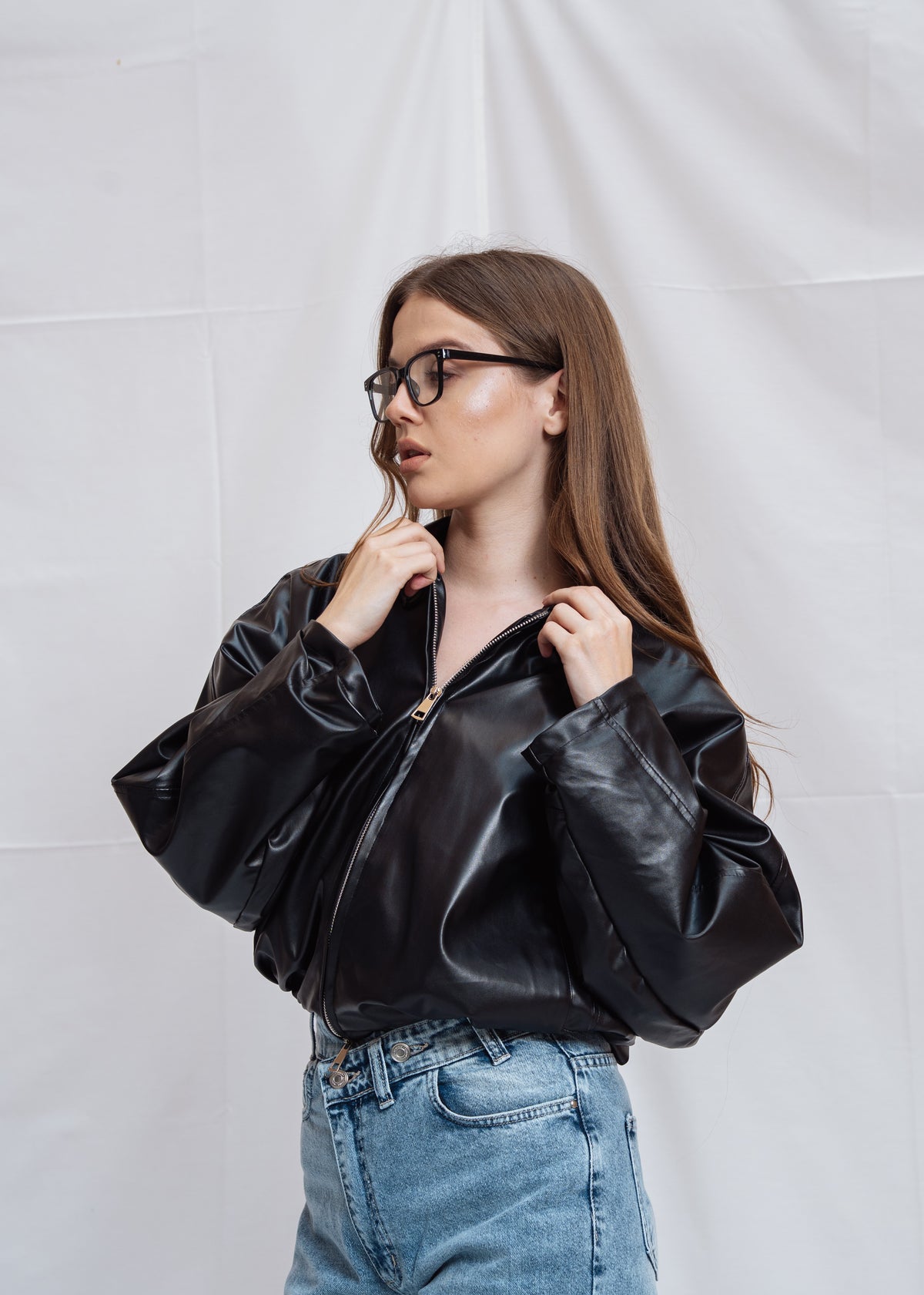 Stand Collar Leather Jacket - Black