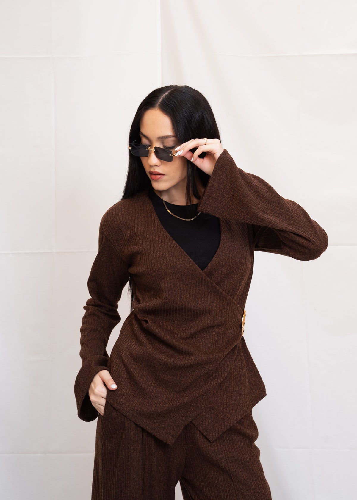Jersey Set With Flared Sleeve - Brown
