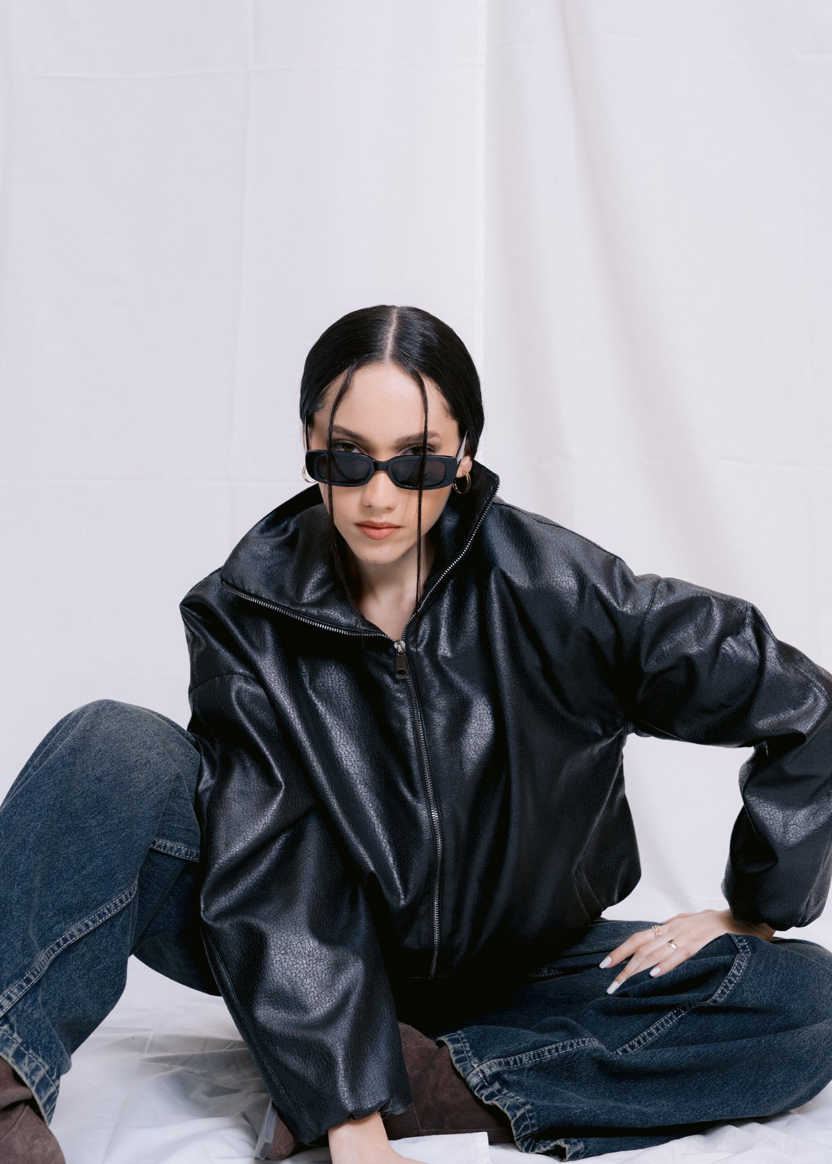Stand Collar Leather Jacket - Black