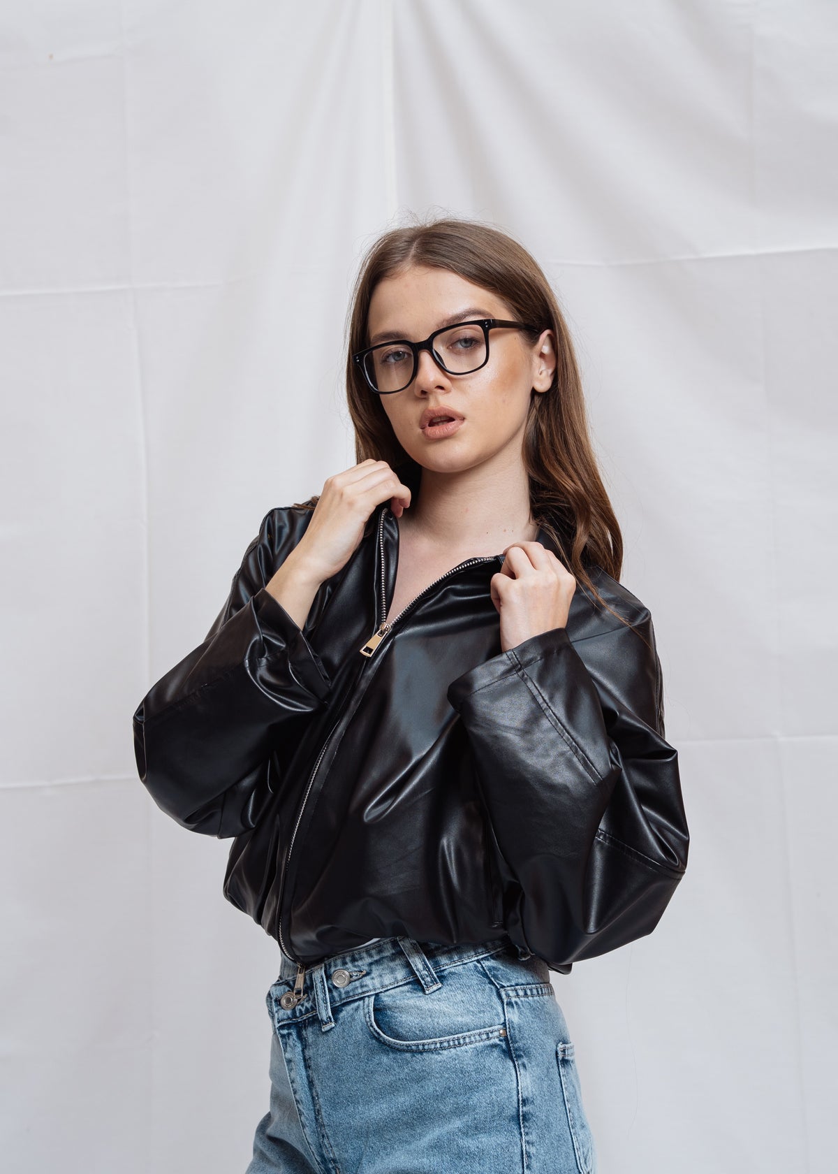 Stand Collar Leather Jacket - Black